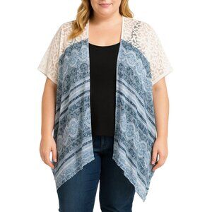 Context Est 1946 Womens White Lace & Blue Floral Open Front Kimono One Size